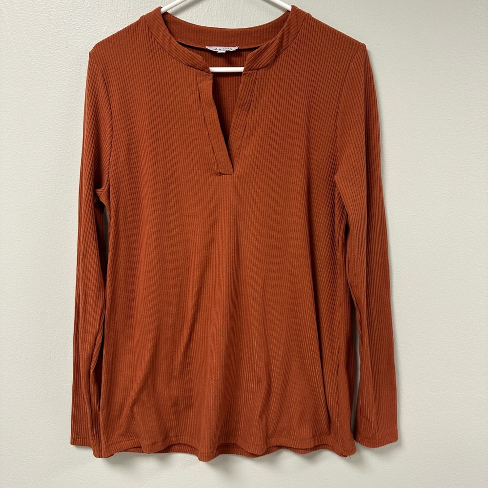 White Birch Womens Rust Orange Ribbed Long‎ Sleeve Split Neck Top Size Large